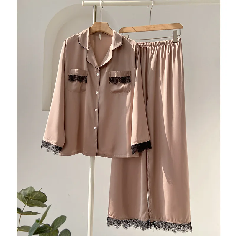 

Spring Sexy Ice Silk Lace Trim Long Sleeve Shirt Pants Women Milk Curry Color Satin Pajama Two-Piece Homewear Nightwear