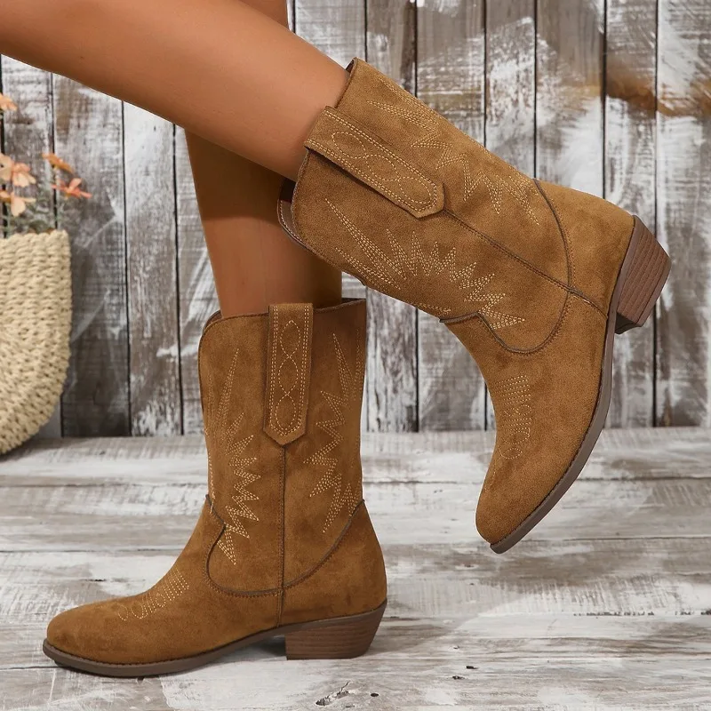 

Shoes for Women 2023 New Mid-Calf Women's Boots Retro Modern Boots Women Embroidery Slip-on Pointed Toe Chunky Heel Shoes Female