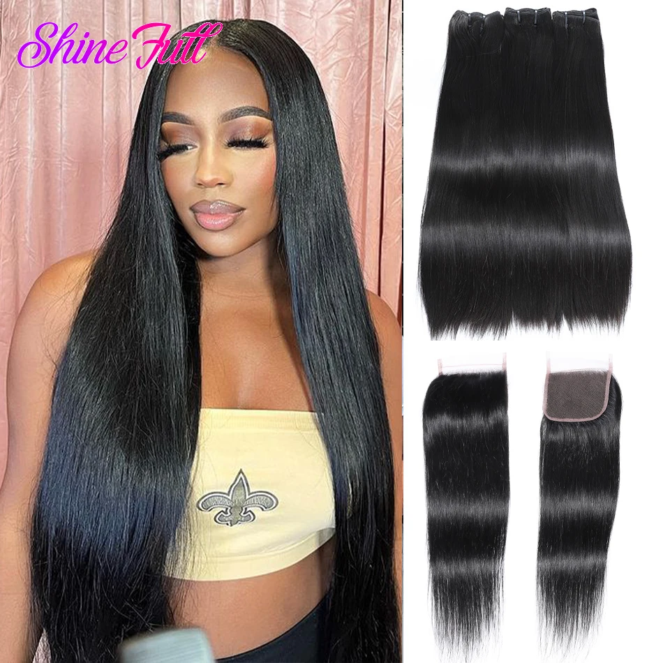 

ShineFull Brazilian Double Drawn 3 Bundles With One 4X4 Lace Closure Straight Human Hair Weaving Remy Hair Bone Straight Bundles