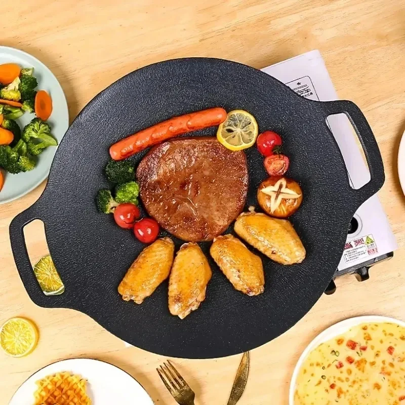 논스틱 한국식 바베큐용 원형 팬, 주철 이중 손잡이 크레페 팬, 바베큐 그릴용 원형 그리들 팬 (손잡이 포함)