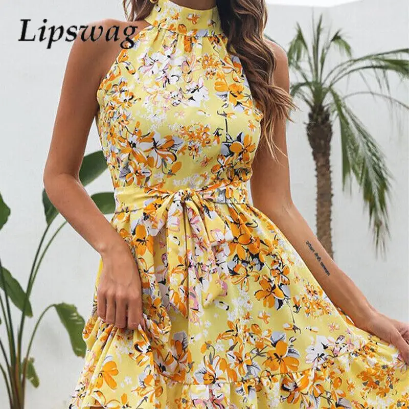 

Summer Off-Shoulder Vacation Versatile Dress Ladies Pattern Printed Beach Mini Dress Elegant Lace-Up Sleeveless Versatile Dress