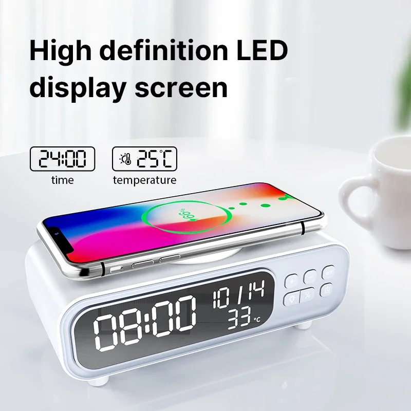Wireless Charger Pad Time Alarm Clock LED Night Light Thermometer Phone Earphone Fast Charging Station for iPhone Samsung Xiaomi