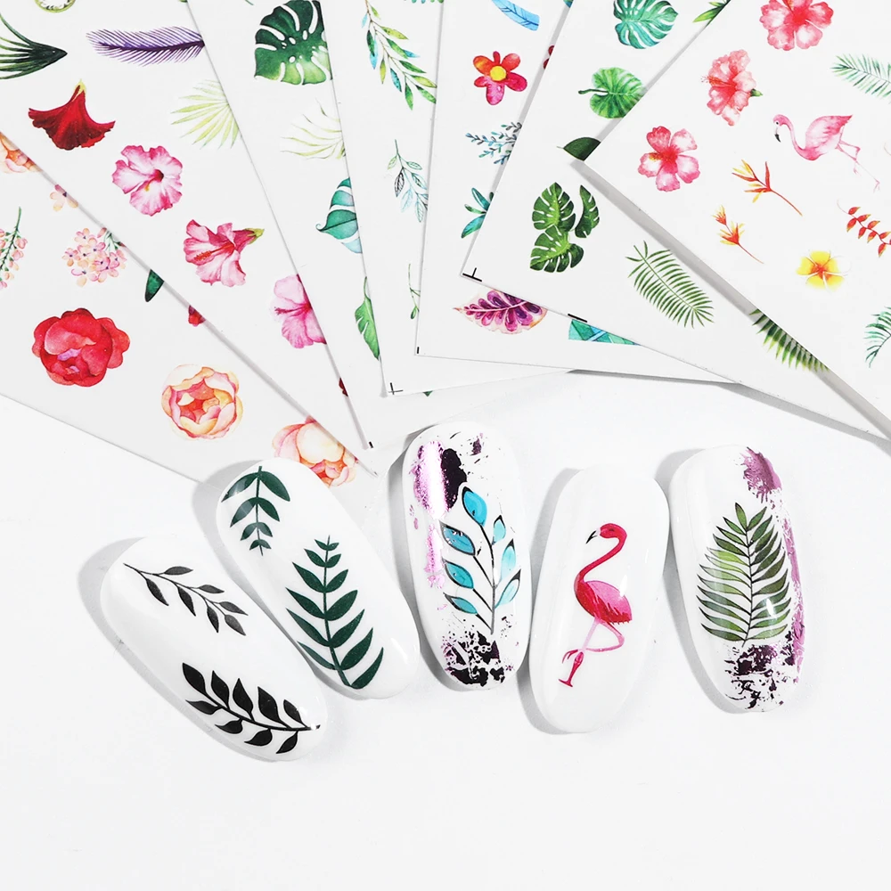 29pcs Simple Green Black Leaf Water Sticker Nail Polish Flower Flamingo Slider for Manicure Nail Art Decoration Wraps Set CH764