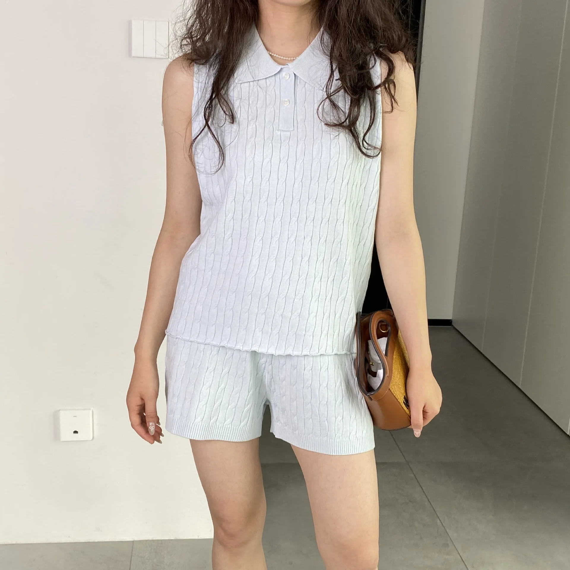 

Летний Женский Повседневный однотонный трикотажный топ-поло + шорты с высокой талией