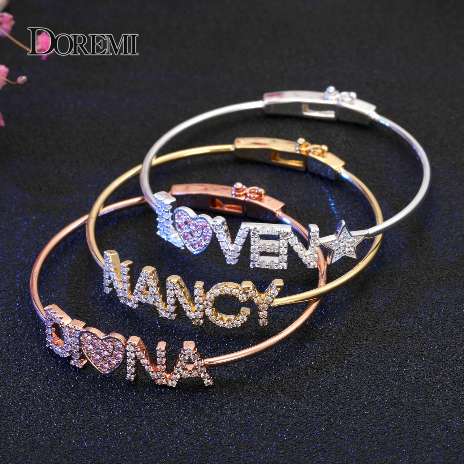 DOREMI Crystal Name Bangle with Zircon Pink Heart Bracelet Custom 9mm Letter Personalized Bracelets Rhinestone Hand Jewelry