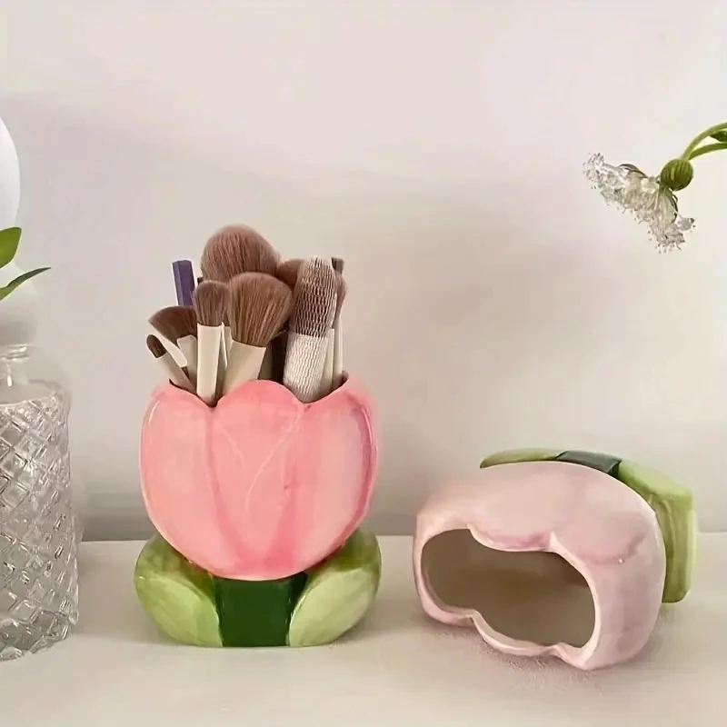 Flower Pen Holder Ceramic Desktop Decoration Cute Girl Desk Office Storage Box Stationery Shelf Storage Tank