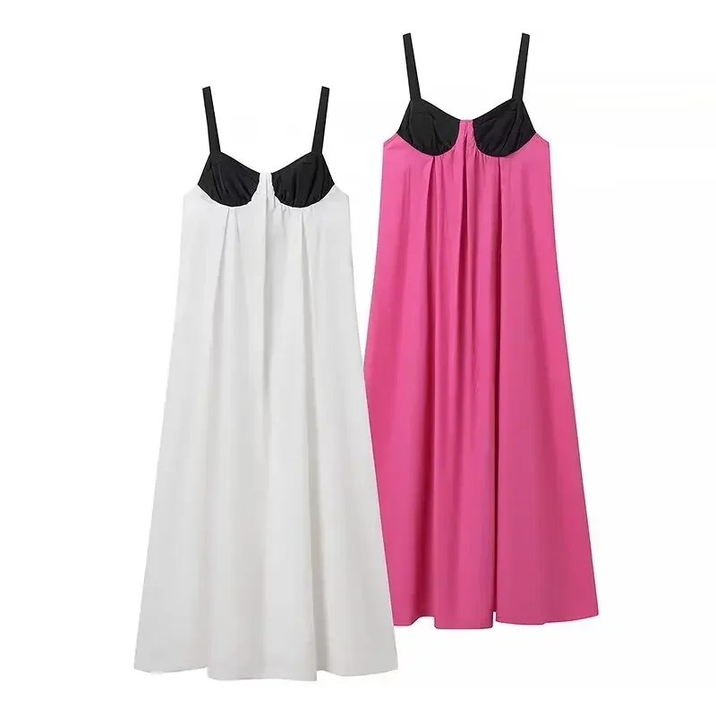 

Women's new fashion backless bow decoration splicing wide pleated midi dress retro sleeveless Wide Straps women's dress Mujer