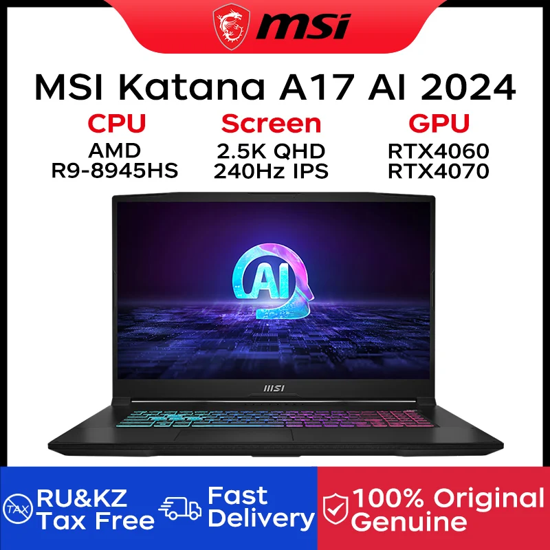 2024 MSI Katana A17 AI Laptop 17.3 Inch 2.5K QHD 240Hz IPS Screen Netbook AMD Ryzen R9-8945HS 16GB 1TB RTX4060 Gaming Notebook 1