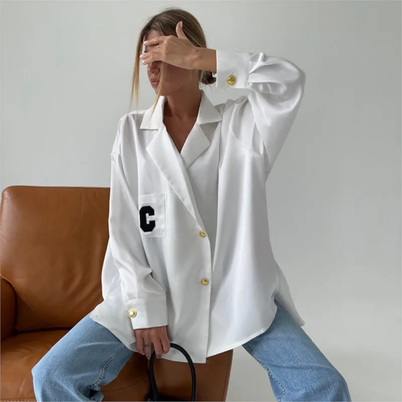 

Women's Casual Shirt 2023 New Fashion Suit Collar Long Sleeve Loose Satin Hanging White Shirt Free Shipping