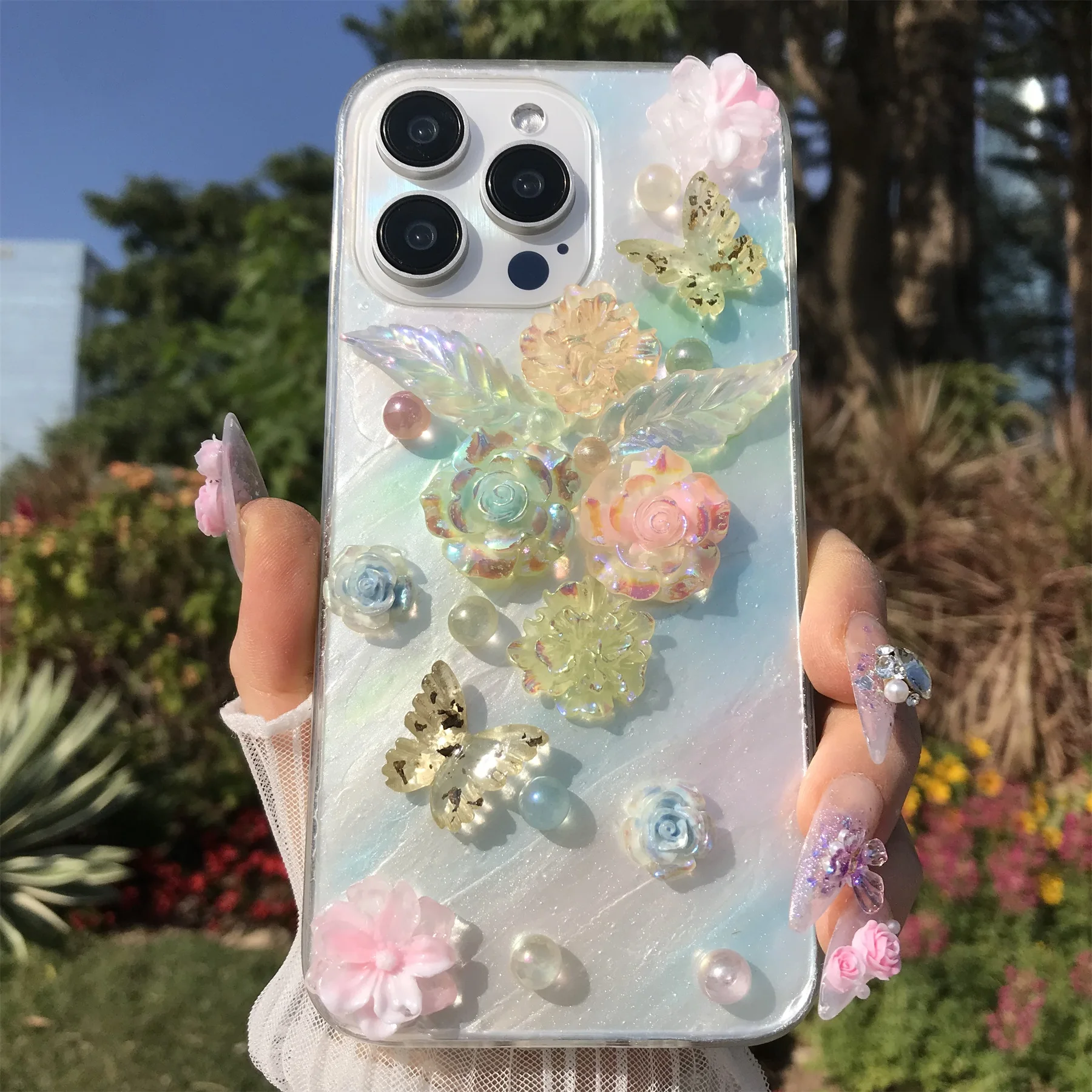 Handmade Dreamy Floral Butterfly Beaded Soft TPU Dustproof Phone Case