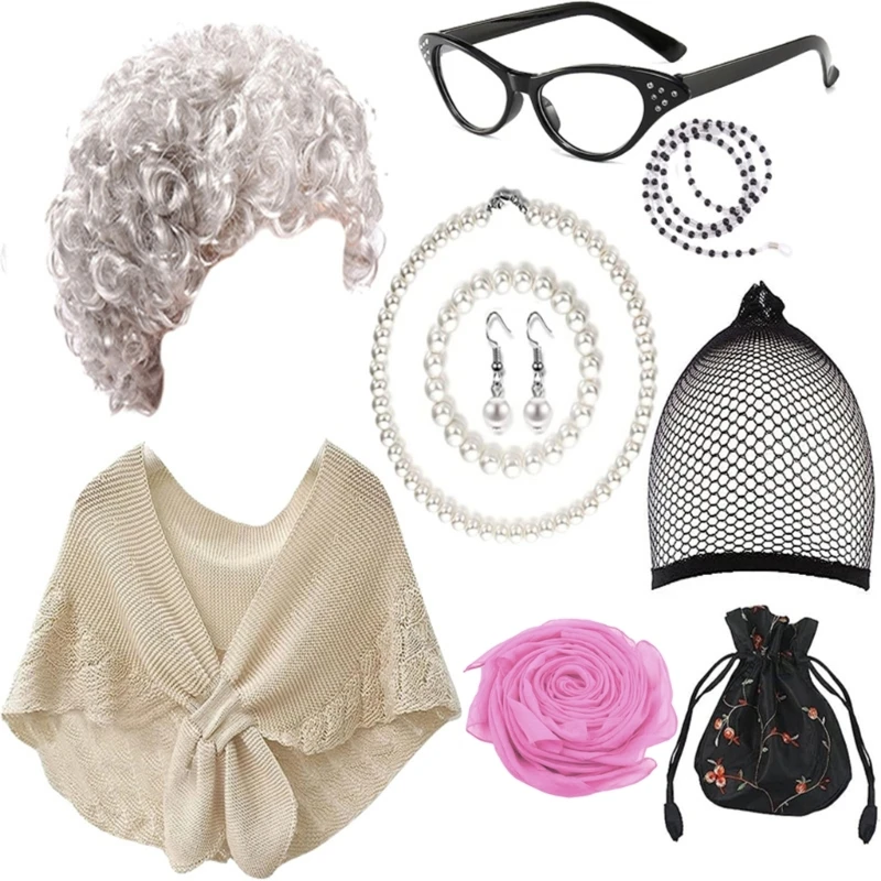Nieuwigheid Oude Dame Kostuum Voor Kinderen - 5 Stuks Set Voor 100e Dag Van De School Oma Kostuum Voor Kinderen Meisjes Grijze Pruik Bril Met Ketting Pruik Cap Ketting
