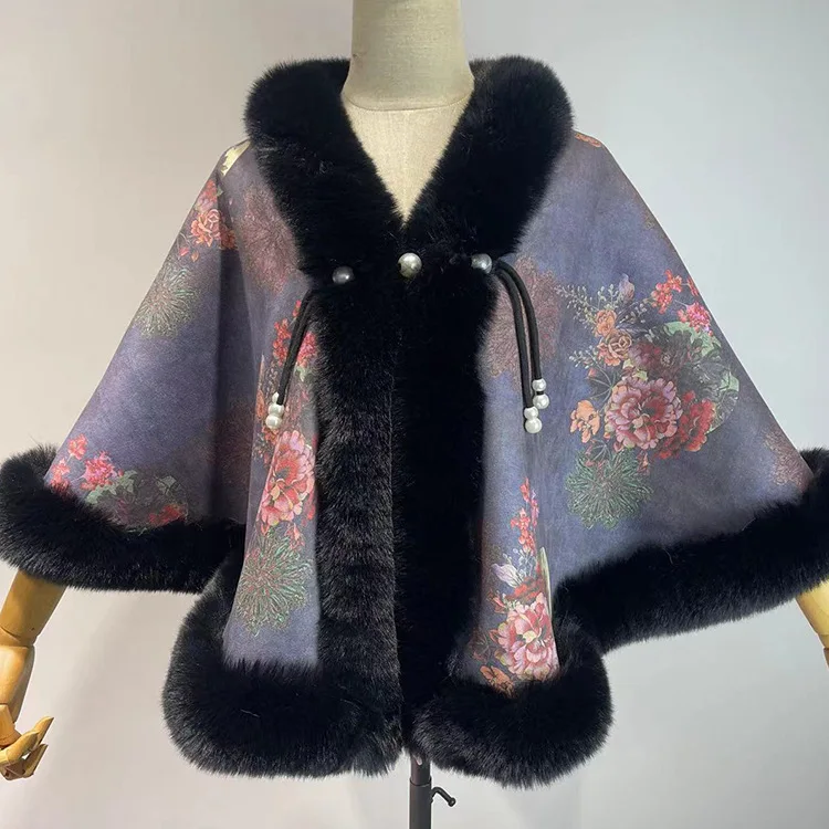 

Poncho Cloak Shawl Women's Autumn Winter Short Print Plush Thickened Imitation Rabbit Fur Collar Cheongsam Wedding Cape Coat B8