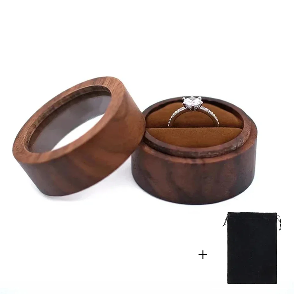 Customized Walnut Wood Round Ring Box with Clear Cover - Free Name and Date Engraving