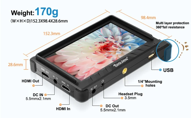 Desview P5II 5.5" Camera Field Monitor — 800nits, 1920x1200, 3D LUT, HDR, With Sunshade & Arm