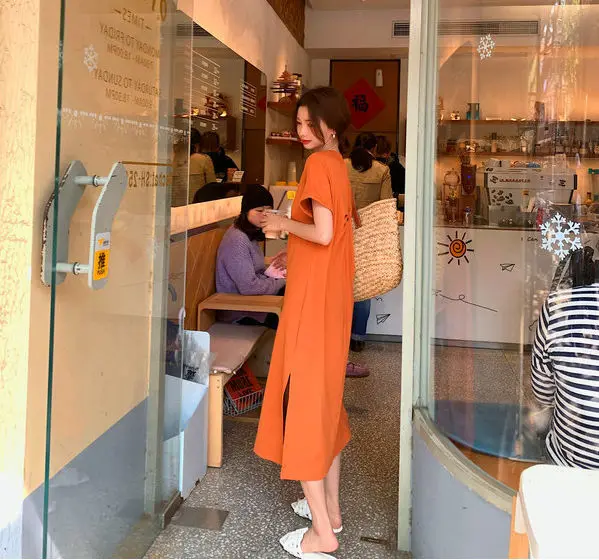 Casual Backless T Shirt Dress Summer New Round Neck Short Sleeve Solid Color Loose Midi Dress Fashion Trend Women Clothing