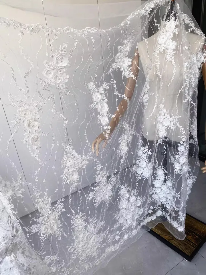 Ricamo 3D floreale pizzo tessuto mesh tessuti con perline trim DIY nuziale abito da Sposa Danza Costume Abito 51 Larghezza venduto tagliato a misura - Italia