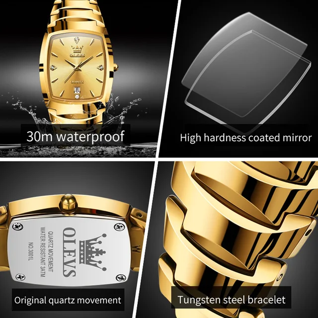 OLEVS Tungsten Steel Quartz Watch para homens, relógio de pulso Square Dial Business, relógios impermeáveis, luxo, ouro, 43mm 6