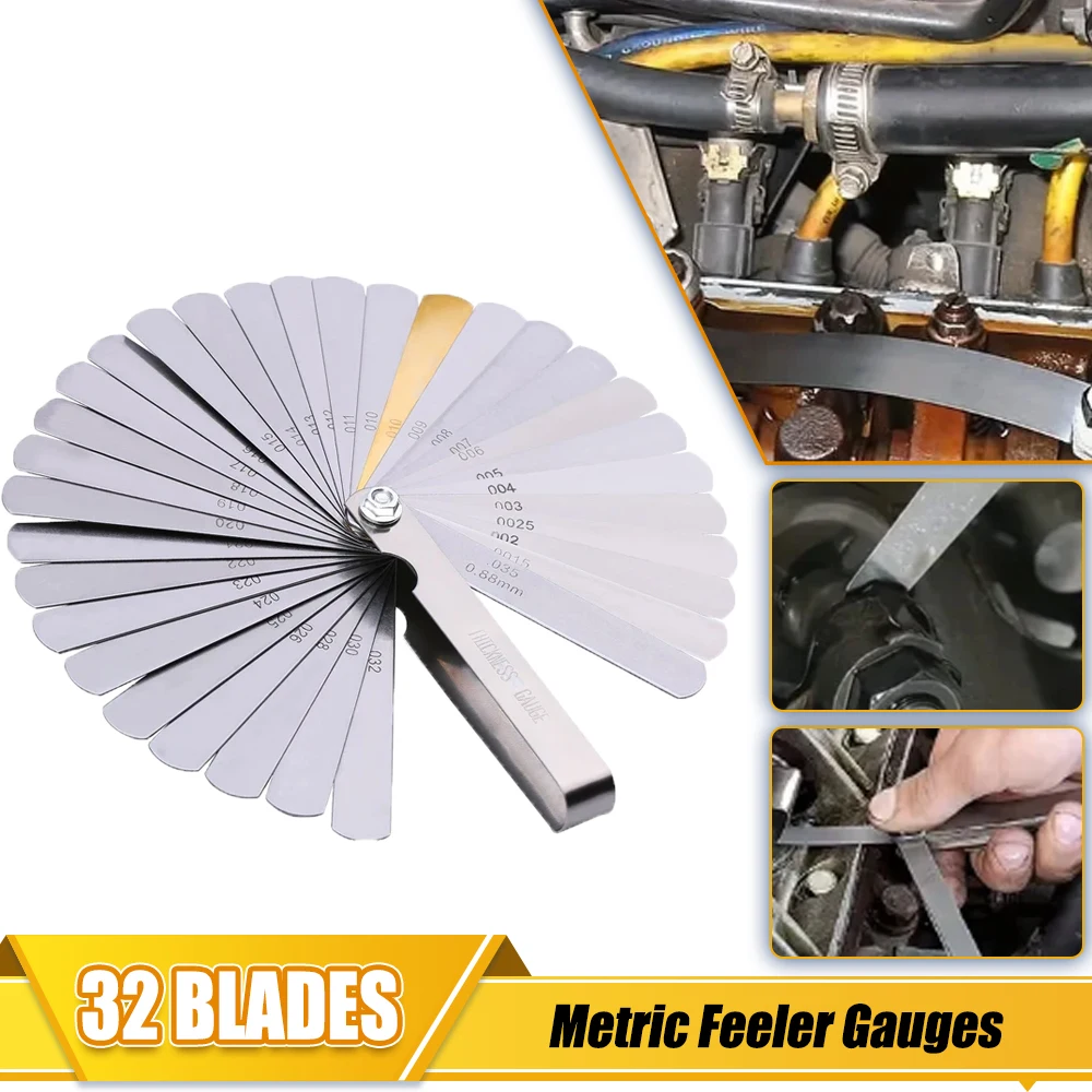 Feeler Gauge Metric Thickness 32 Blades Set Tappet Brass Gap Measure Tool Range 0.04mm 0.88mm Clearance Size copper sheet