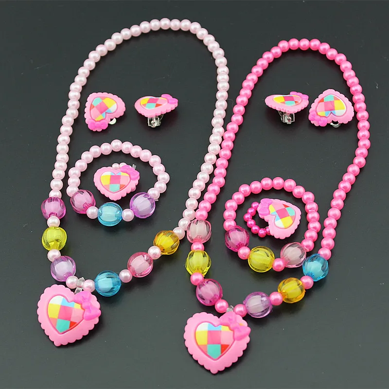 Imitation Pearls Beaded Jewelry Set Baby Girls Lovely Heart Necklace Heart Stud Earrings Kids Children Party Jewelry Gift 6