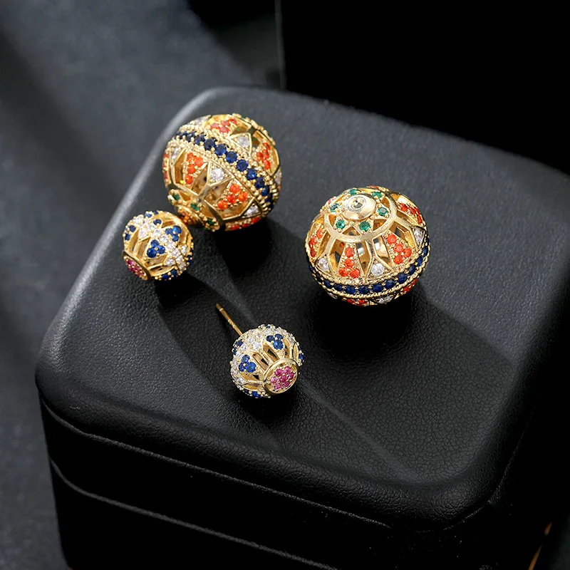 

European and American Fashion Micro Inlay Color Zircon Stud Earrings for Women Sterling Silver Needle Hollow Earrings Earrings J