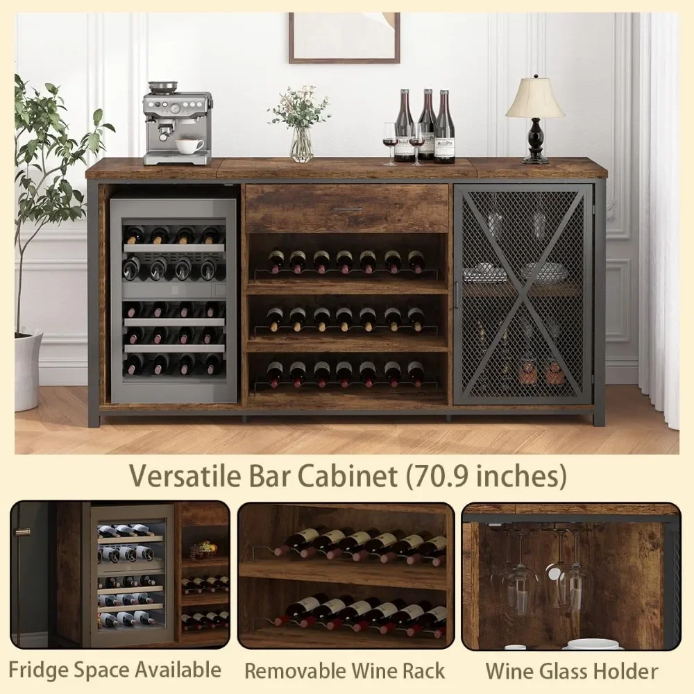 Large Bar Cabinet with Fridge Space, Rustic Long Liquor Cabinet with Drawer Storage, Farmhouse Wood Metal Wine