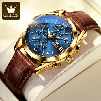 OLEVS New Men's Fashion Watch With Brown Leather Strap. Men Casual Sports Quartz Movement Waterproof Watch Orologio da uomo 2872