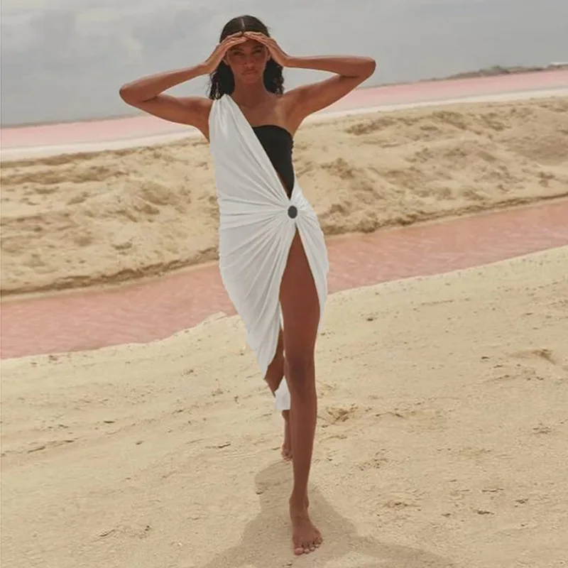 2026 Neues modisches Damen-Unregelmäßiges Kleid, weiß, hoher Schlitz, Strand-Cover-Up-Rock, Sommer-Urlaubs-Outfit, Y2k-Kleidung – Detail 9