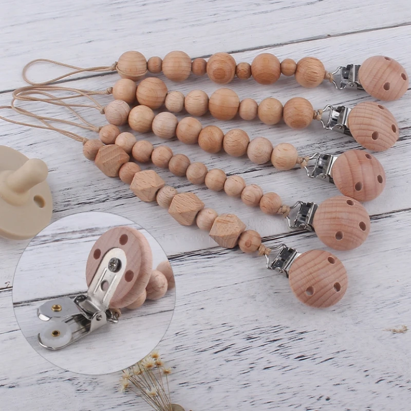 Beech Wood Chew Wooden Bead Pacifier Clips Dummy Chain Holder Newborn