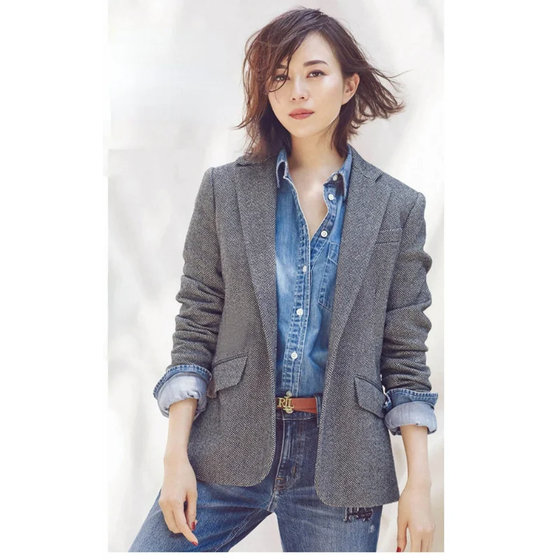 Wool Herringbone Blazers Women Woolen Jacket Suits Middle-aged Autumn Winter Grey Suit Collar Coats Long Sleeves Slim Clothing