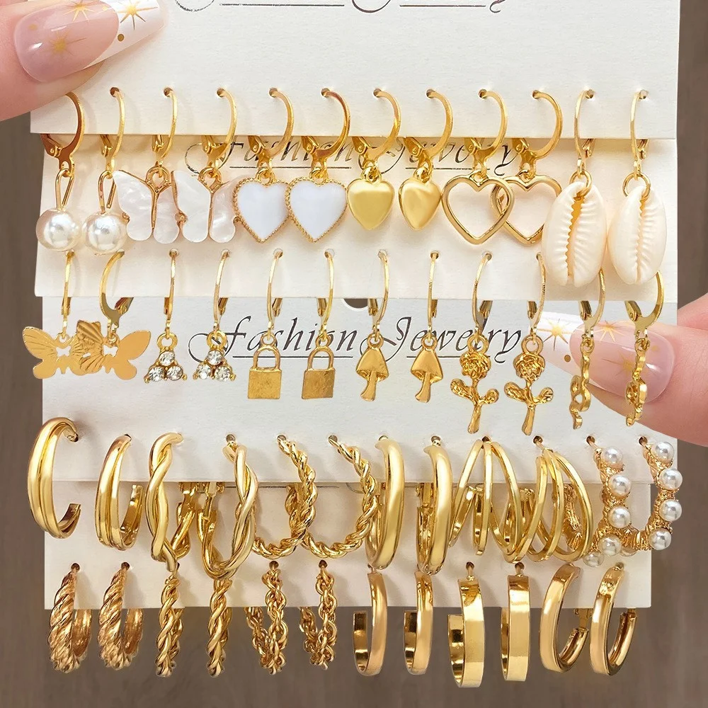 88 Pcs Fashion Women Earring Set Boho Vintage Gold Color Pearl Heart Drop Earring Exquisite Jewelry, Party, Holiday Couple Gifts