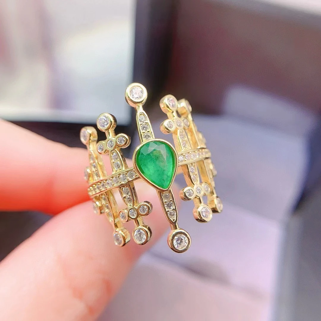 

100% Natural Colombia Emerald Ring 5*7mm Pear Cut Emerald Silver Ring Gothic Style 925 Silver Gemstone Jewelry with Gold Plated