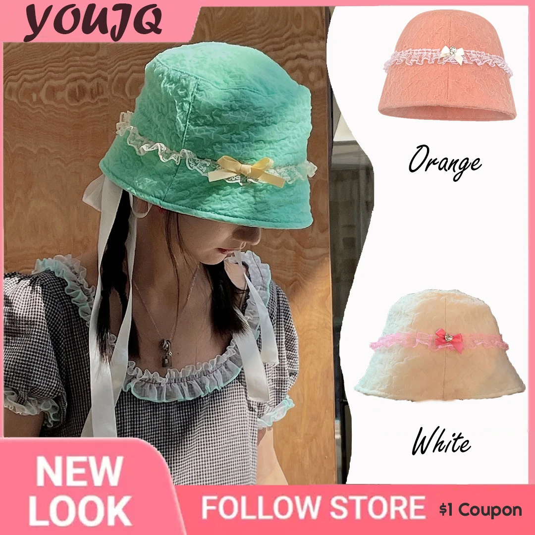 

Spring Summer Small Fresh Girl Sweetheart Lace Green Basin Cap Bubble Yarn Sunscreen Sunshade Fisherman's Hat Female Chapeau