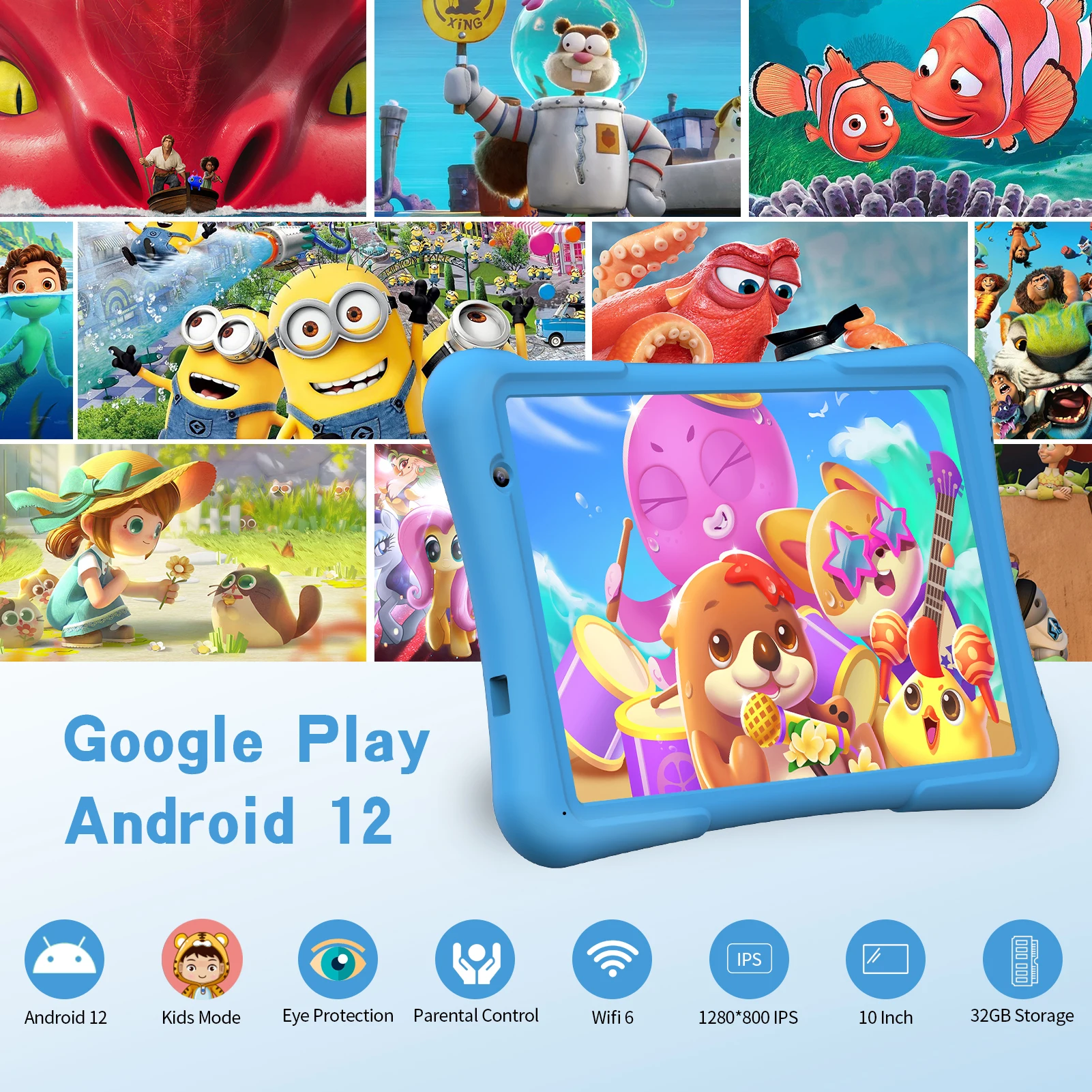 PRITOM 10 inch kids tablet Android 12, 4GB(2+2)+32GB, Quad Core, 6000 mAh, WiFi 6, Dual Camera, Bluetooth, Toddler Tablet 5