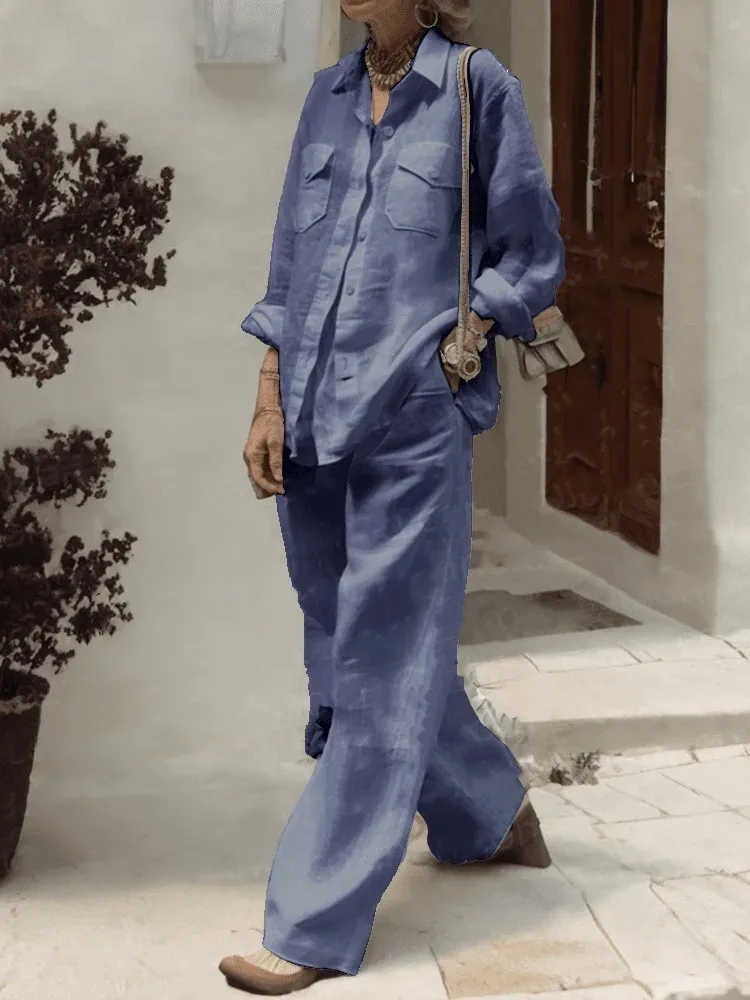 Spring Autumn Fashion Loose Long Pants Sets 2024 Women's Lapel Cotton Linen Solid Pocket Shirt Wide Leg Pants Two Piece Sets