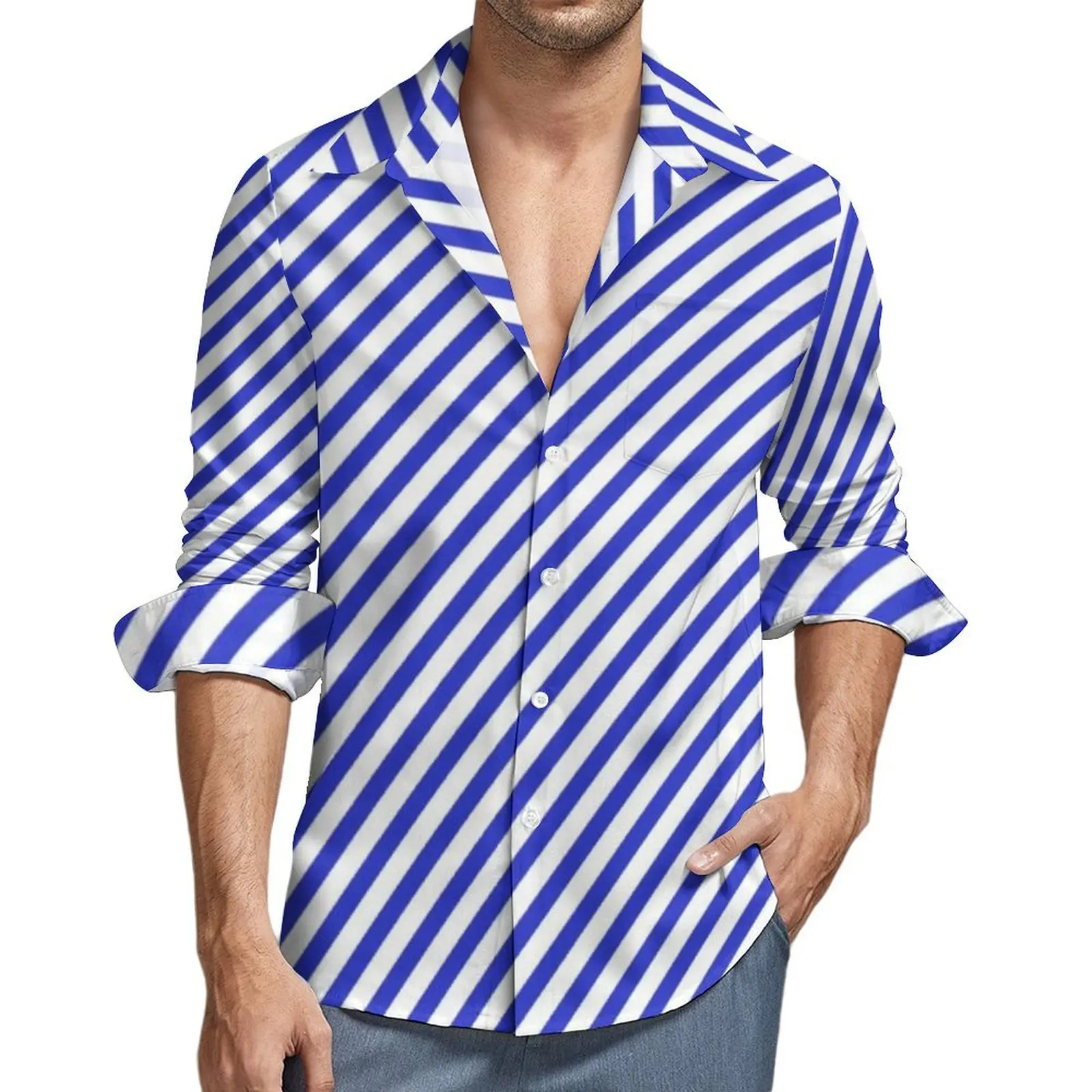 

Diagonal Striped Casual Shirt Men Blue And White Stripes Harajuku Shirt Autumn Trendy Blouse Long Sleeve Graphic Oversized Tops