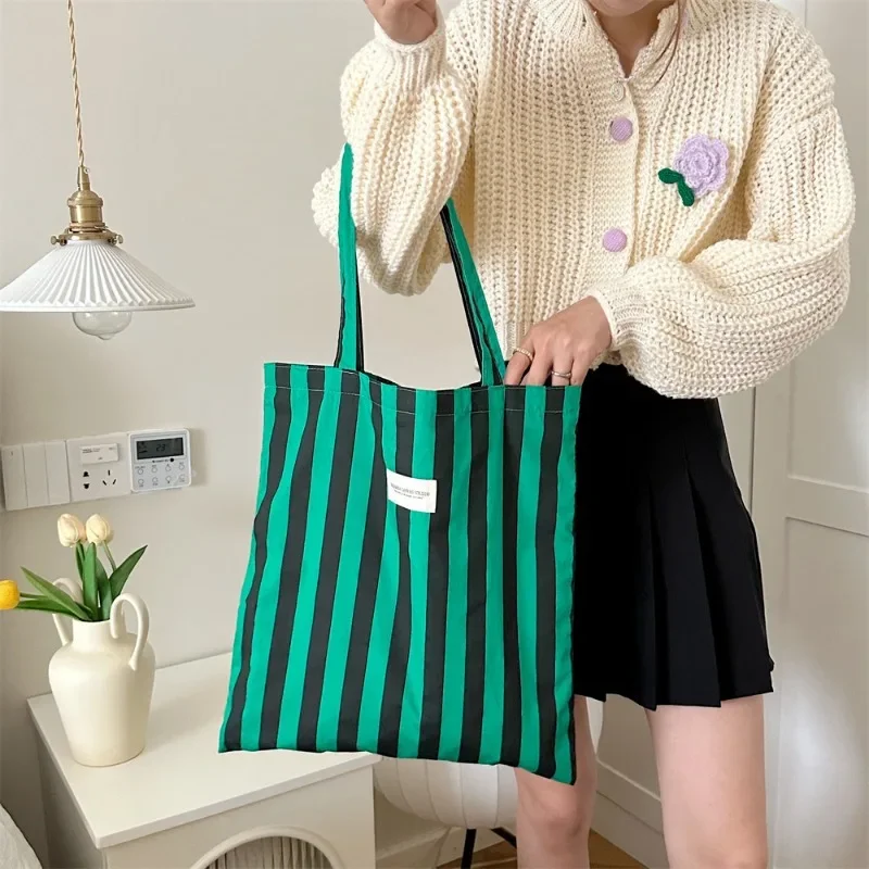 Youda New Cotton Fabric Shoulder Bag for Women Fashion Striped Pattern Handbag Large Casual Capacity Shopper Tote Bags