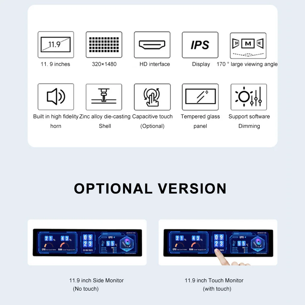 컴퓨터 케이스용 터치 보조 모니터, 컴퓨터 모니터링, CPU GPU RAM 디스플레이, 11.9 인치 IPS USB 보조 스크린