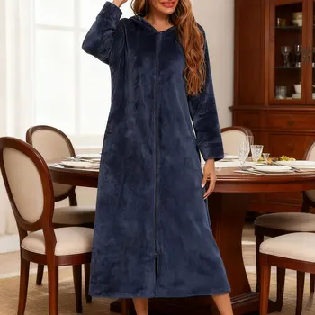 Women's warm fleece full zip robe with pockets Thick fleece homewear Soft flannel for cold weather relax After-bath comfort