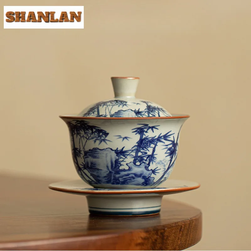 160ml Rretro Old Pottery Clay Gaiwan Vintage Blue And White Landscape Poetry Tea Tureen Tea Making Cover Bowl Ceremony Gift