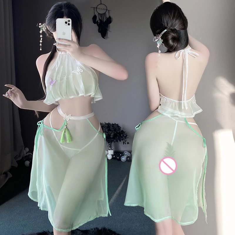 

Sexy Underwear Ancient Butterfly Flower Tulle Hanging Neck Strap Belly Pocket Uniform Sexy Bodysuit Lingerie Set Exotic Apparel