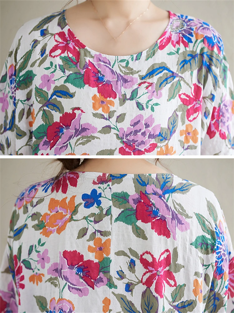 2025 Summer Cotton Vintage Casual Loose Print Dresses For Women Holiday Beach Dress Femme Robe Vestidos Elegant Long Clothing