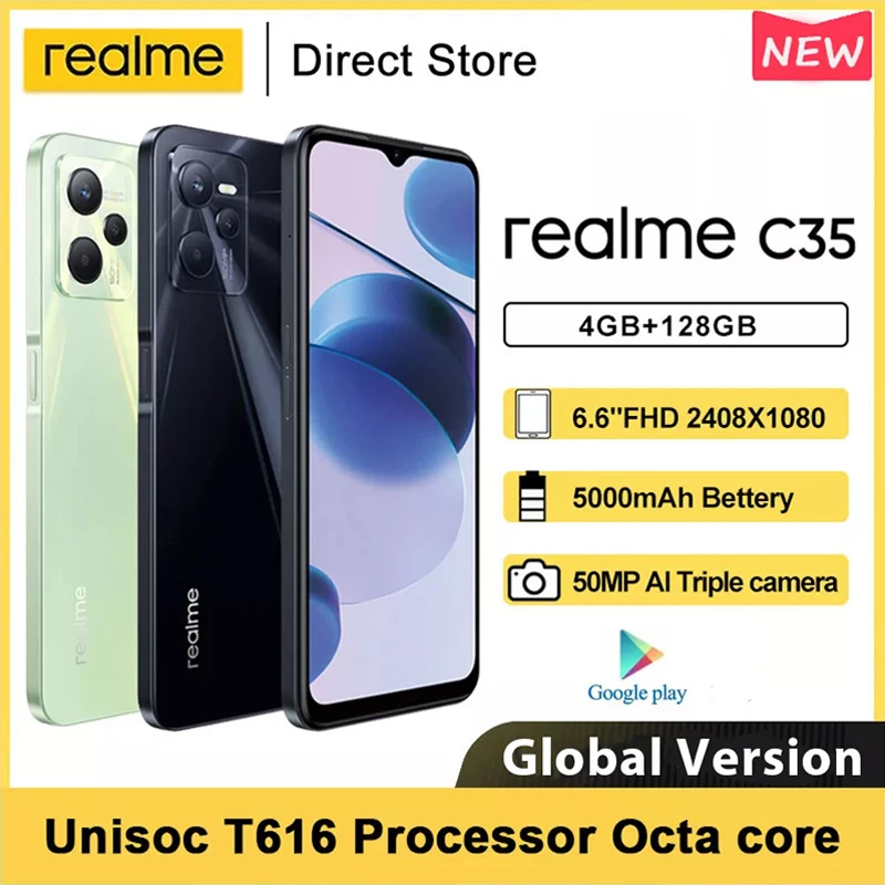 World Premiere Realme C35 Smartphone Unisoc T616 Processor Octa Core 6.6" Fhd 50mp Ai Triple