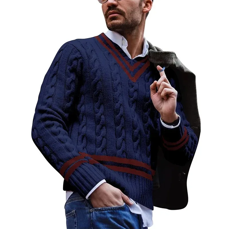 Men Sweater V-neck Striped Color Blocking for Autumn and Winter