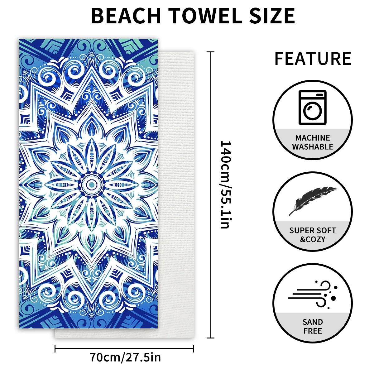 Blue Floral Pattern Microfiber Soft, Absorbent, Quick-drying Beach Towel for Swimming, Camping and Bathing