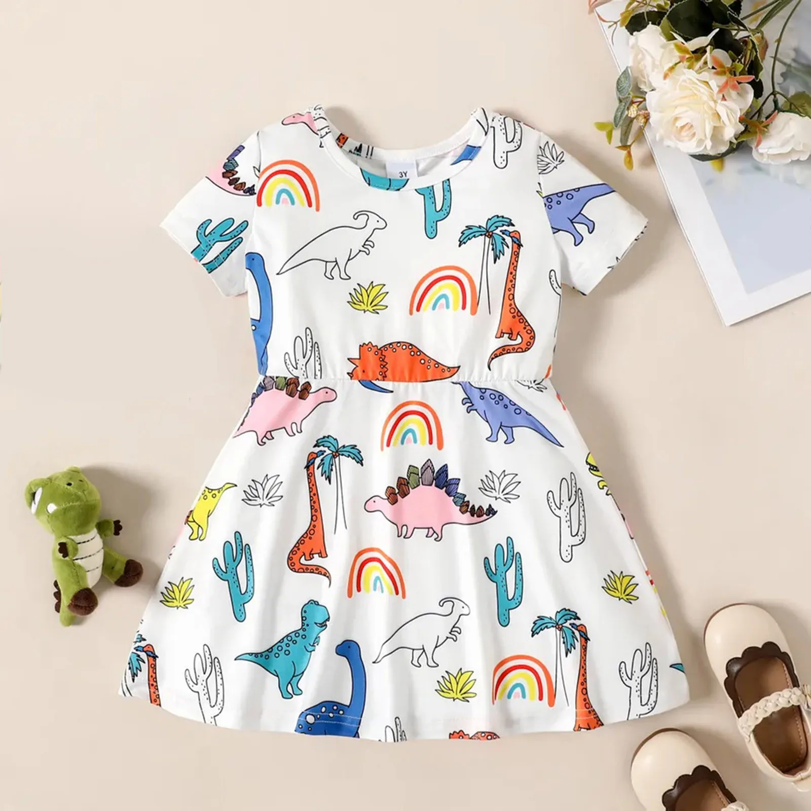 

Children Cartoon T-shirt Dress Kids Girls Summer Dinosaur Print Short Sleeve Casual Princess Dress Toddler Baby Sundress Vestido