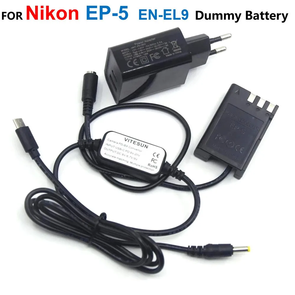 Eh5A Usb C Power Bank Cable + Ep-5 Ep5 En-El9 Enel9 Dummy Battery + Pd Charger Adapter Per Nikon D40 D40X D60 D3000 D5000