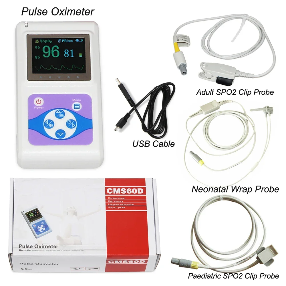 Handheld Pulse Oximeter Blood Oxygen Monitor CMS60D Paediatric SPO2 Clip Probe+Adult SPO2 Clip Probe+Neonatal Wrap Probe