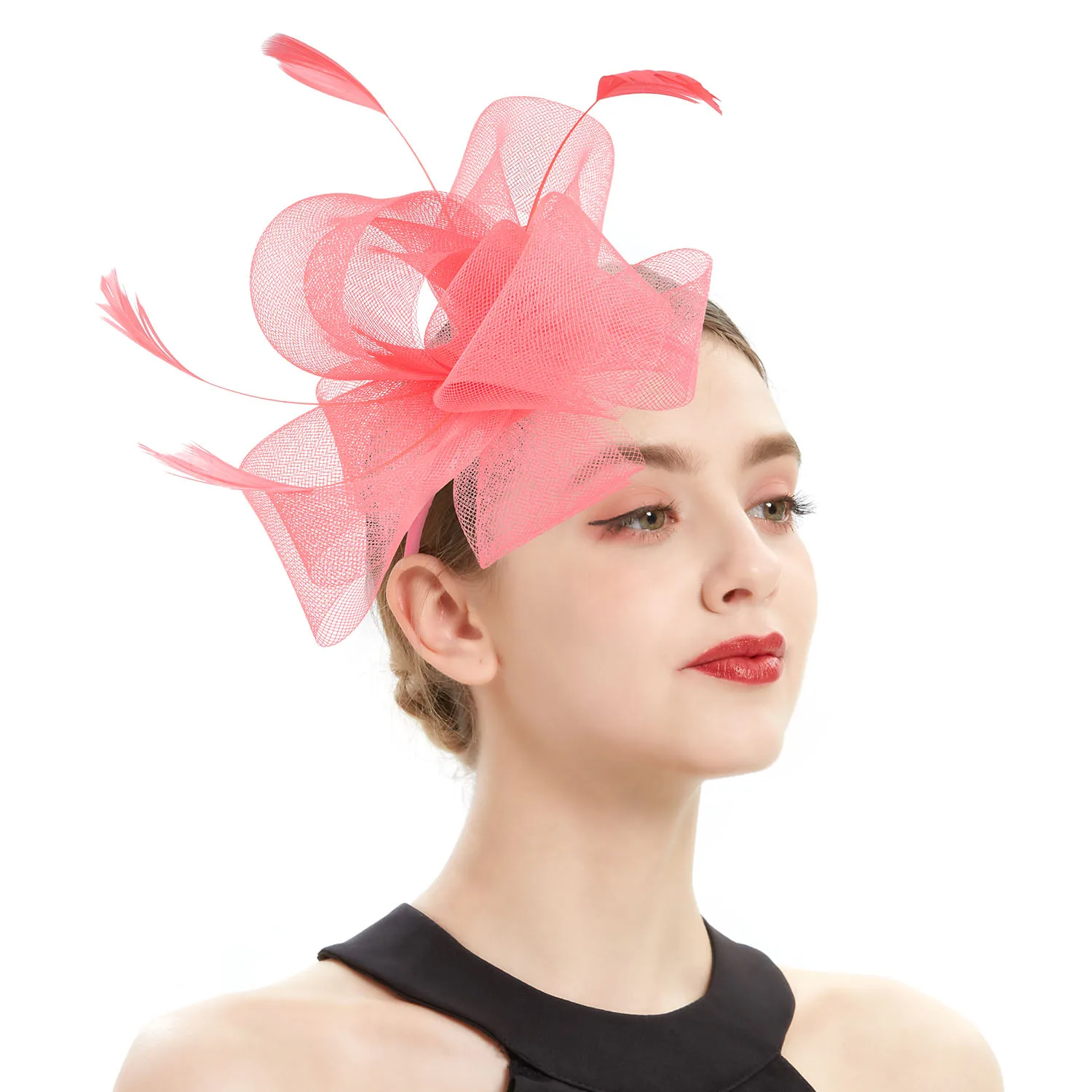 Bridal Fascinator Bow Hat with Headband and Clips Jockey Feathered Top Hat Wedding Cocktail Tea Party Headpiece for Women
