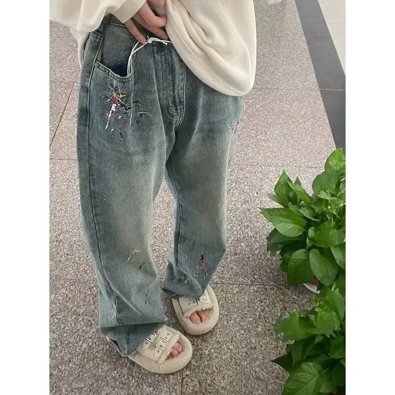 Vintage Embroidery Jeans Female Spring and Autumn Washed Old Straight Thin High Waisted Narrow Version of Wide Legged Trousers