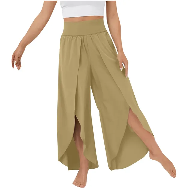 korean Fashion Solid Color Split Split Pants Womens Clothing All-match Summer Casual High Waist Loose Wide Leg Trousers 3